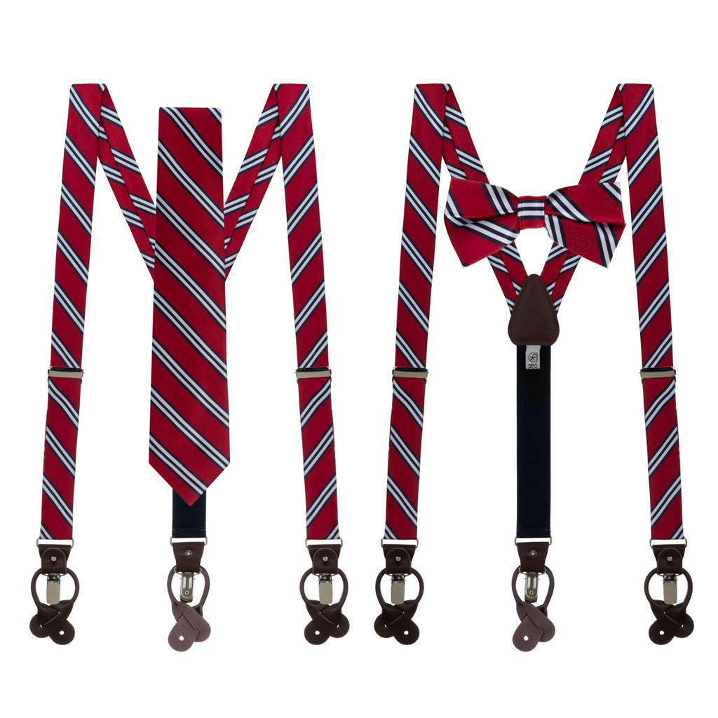 Tie and Suspender Sets - Red & Navy Multi Stripe by Oxford Kent