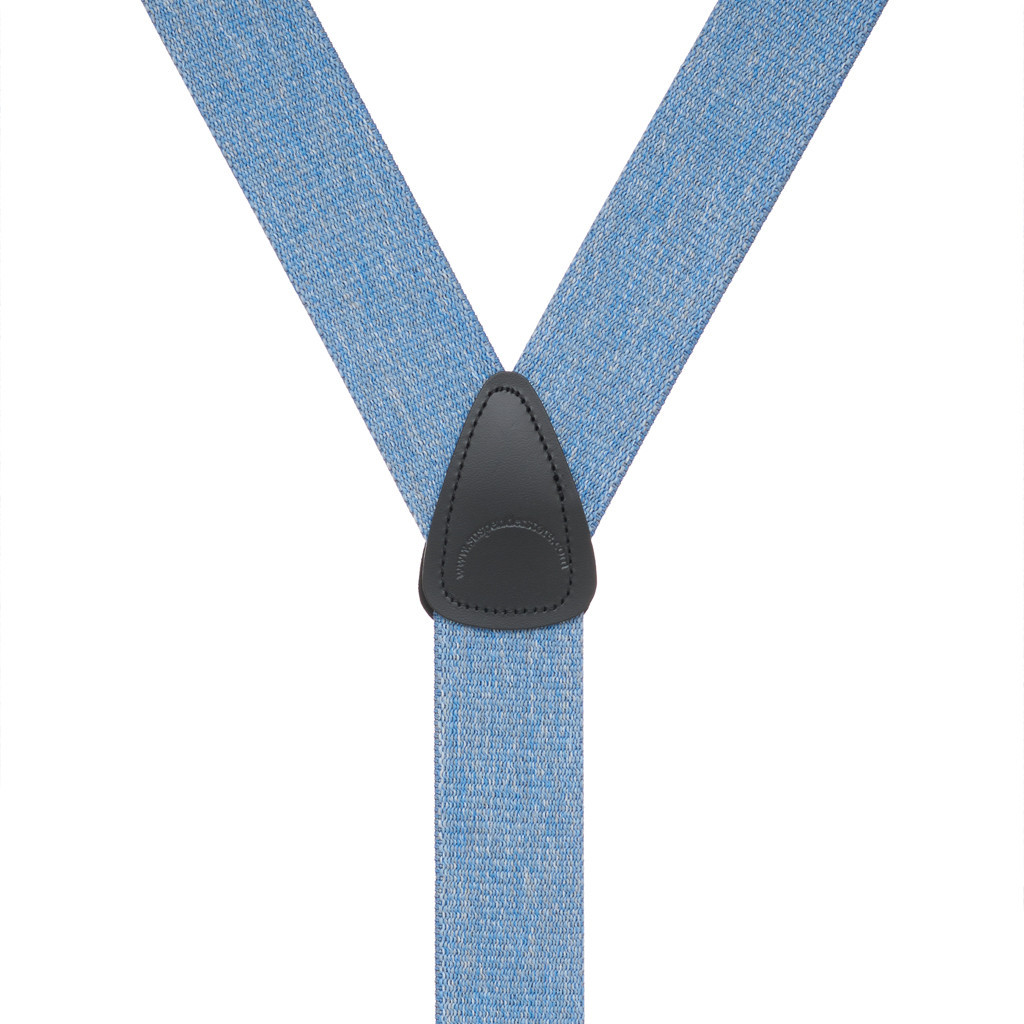 1.5 Inch Wide Button Suspenders in Denim with Black Leather - Rear View