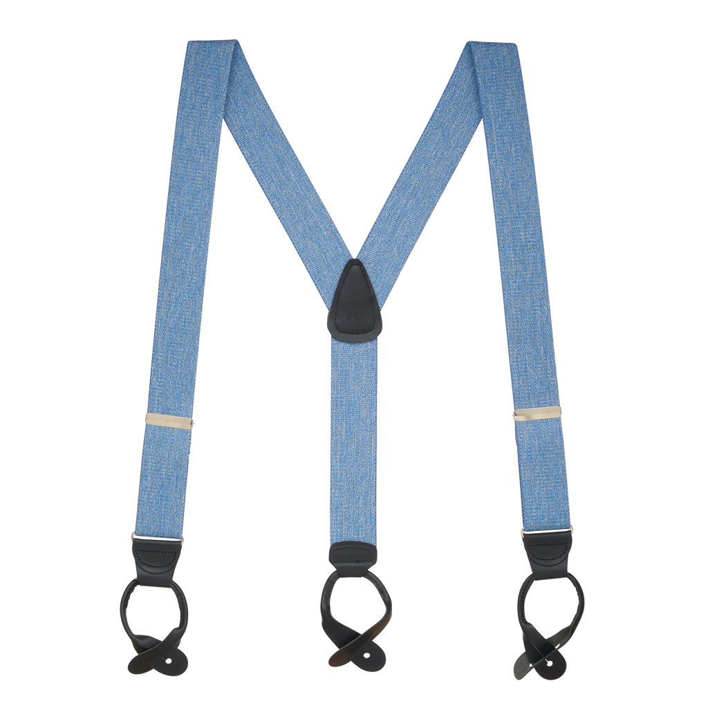 1.5 Inch Wide Button Suspenders in Denim with Black Leather - Full View