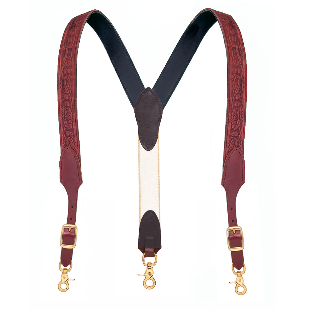 Hand Tooled 1.5-Inch Western Leather Acorn Suspenders in Brown - Full View