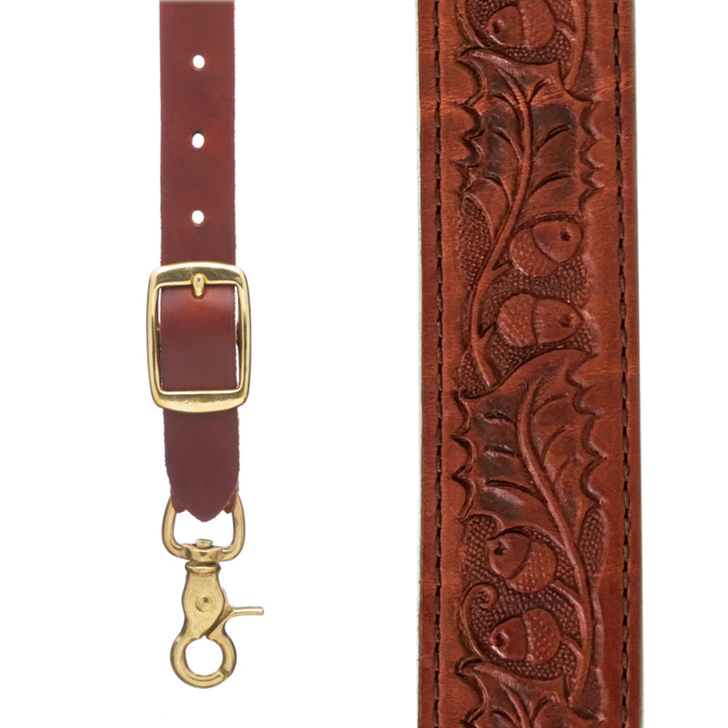 Hand Tooled 1.5-Inch Western Leather Acorn Suspenders in Brown - Front View