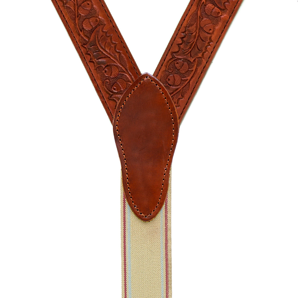 Hand Tooled 1.5 Inch Western Leather Acorn Suspenders - BELT LOOP - Rear View