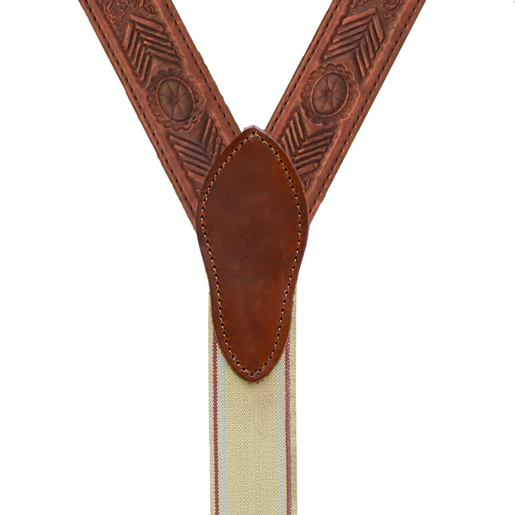 Hand Tooled 1.5 Inch Western Leather Southwest Pattern Suspenders - Trigger Snap - Rear View