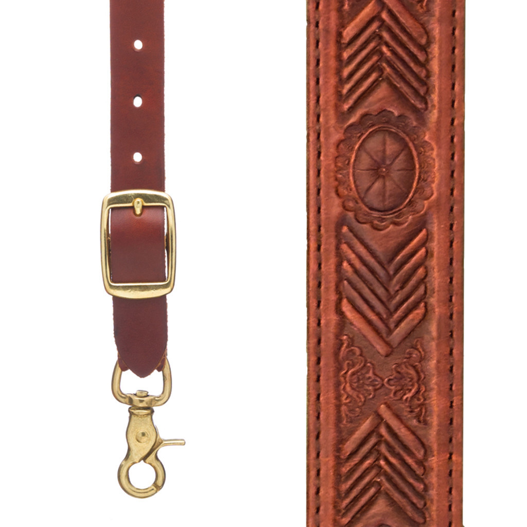 ストラップ L Hand Tooled Southwestern Pattern Leather Suspenders With Trigger