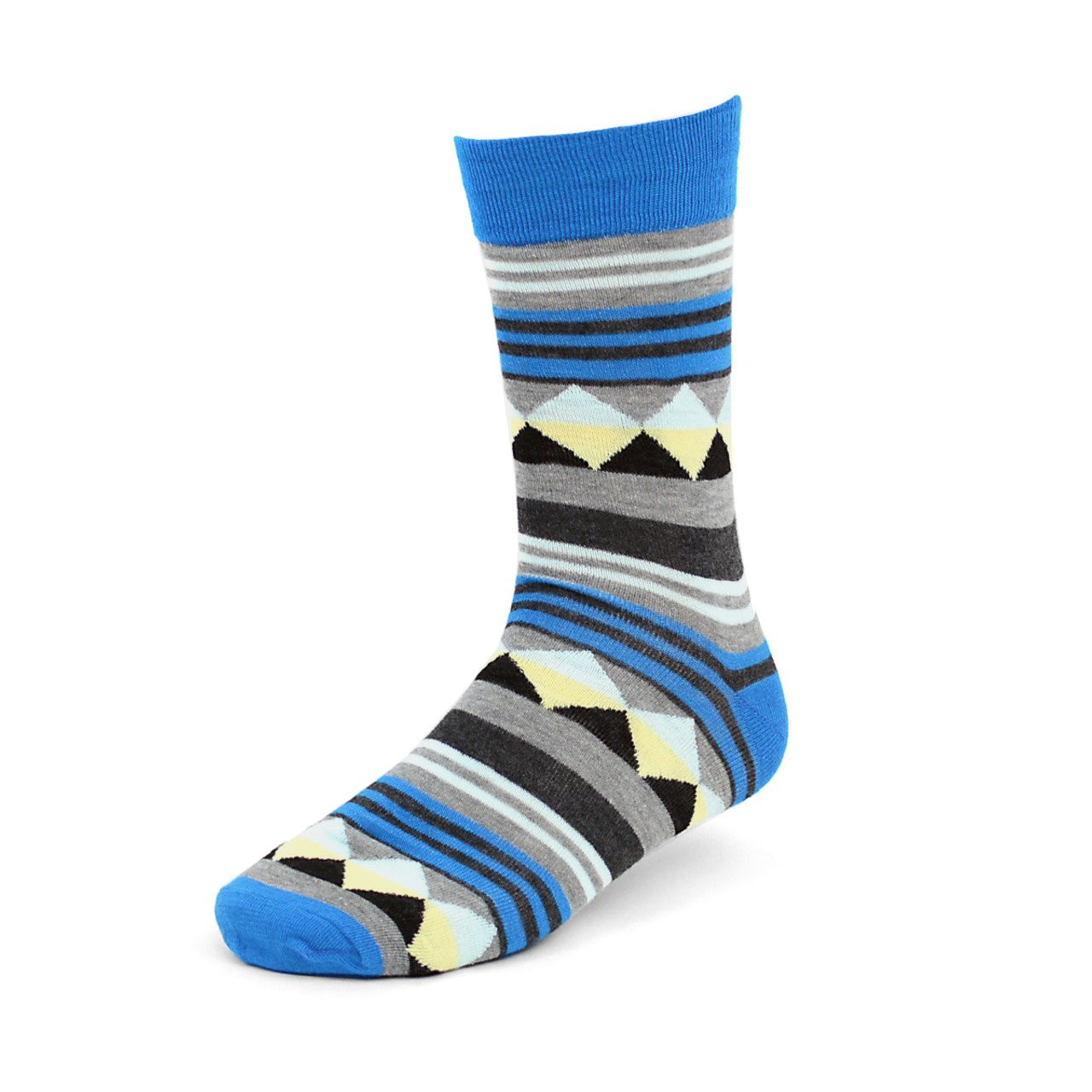 Men's Blue Gray Black Diamond Stripes Crew Socks