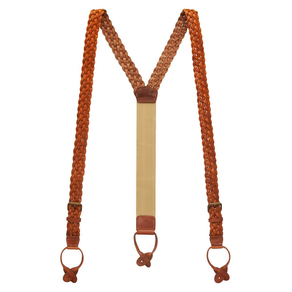 TAN Handwoven Braided Leather Suspenders - 1 Inch Wide Button