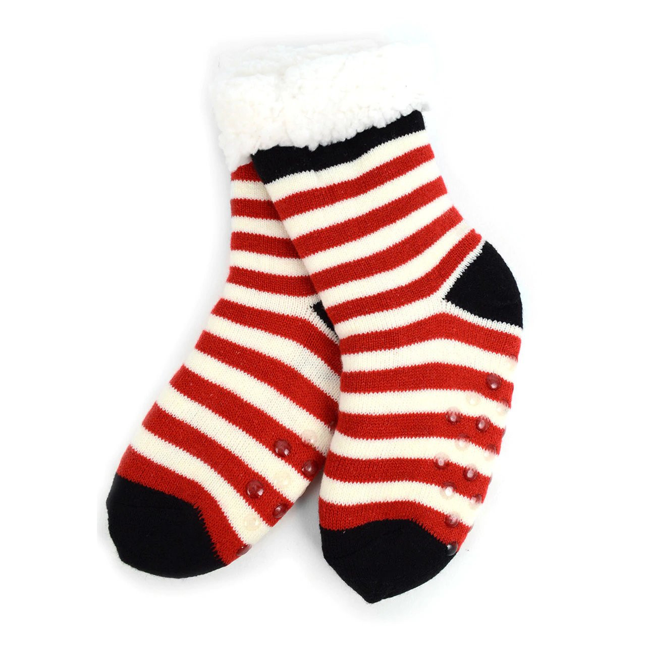 Cozy Stripes: Girls' Plush Red Striped Sherpa Slipper Socks
