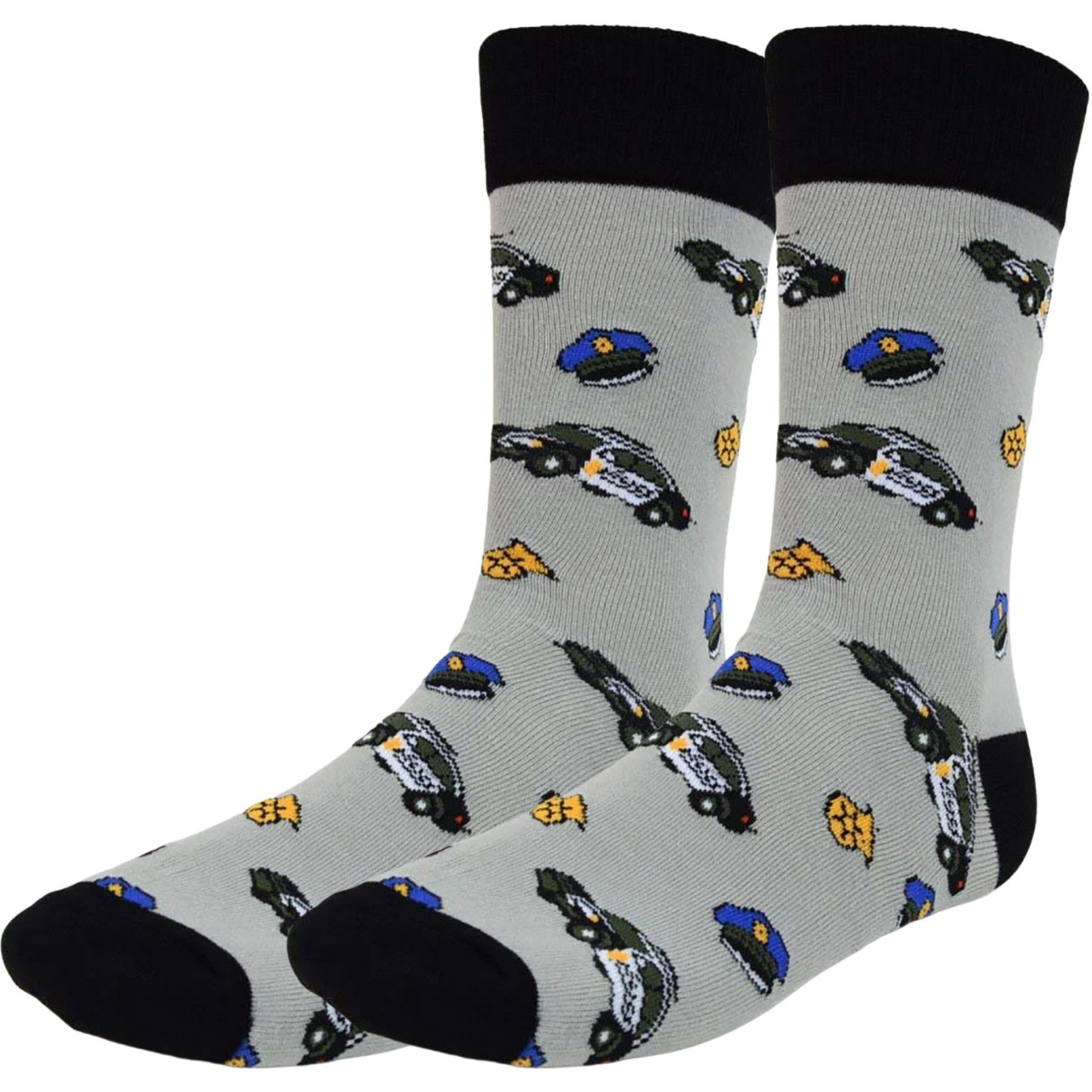 Men's Gray Crew Socks with Fun Police Badge, Hat, and Car Design
