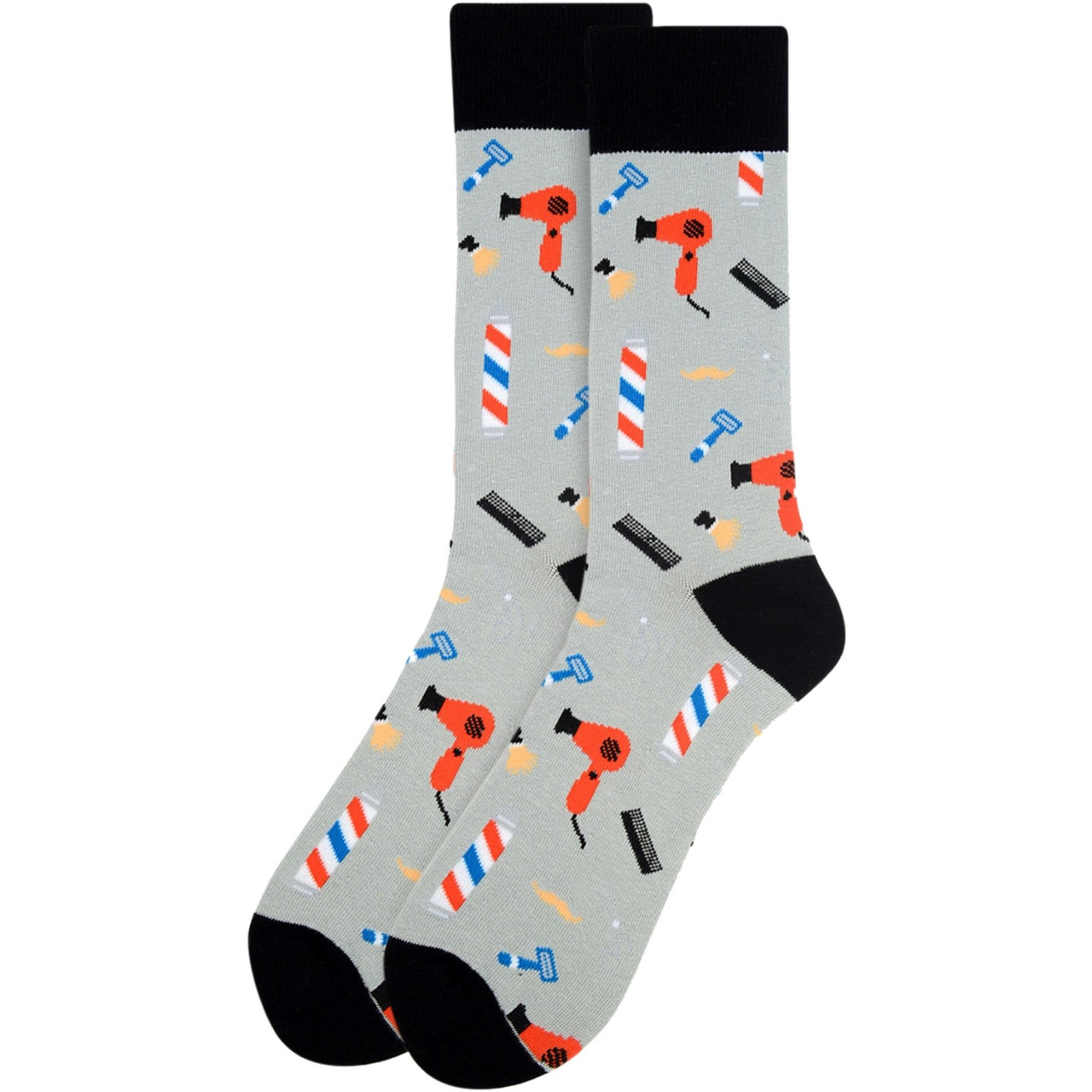 Men's Light Gray Crew Socks with Fun Barber Shop Tools Pattern – Hair Dryers, Combs, and Razors