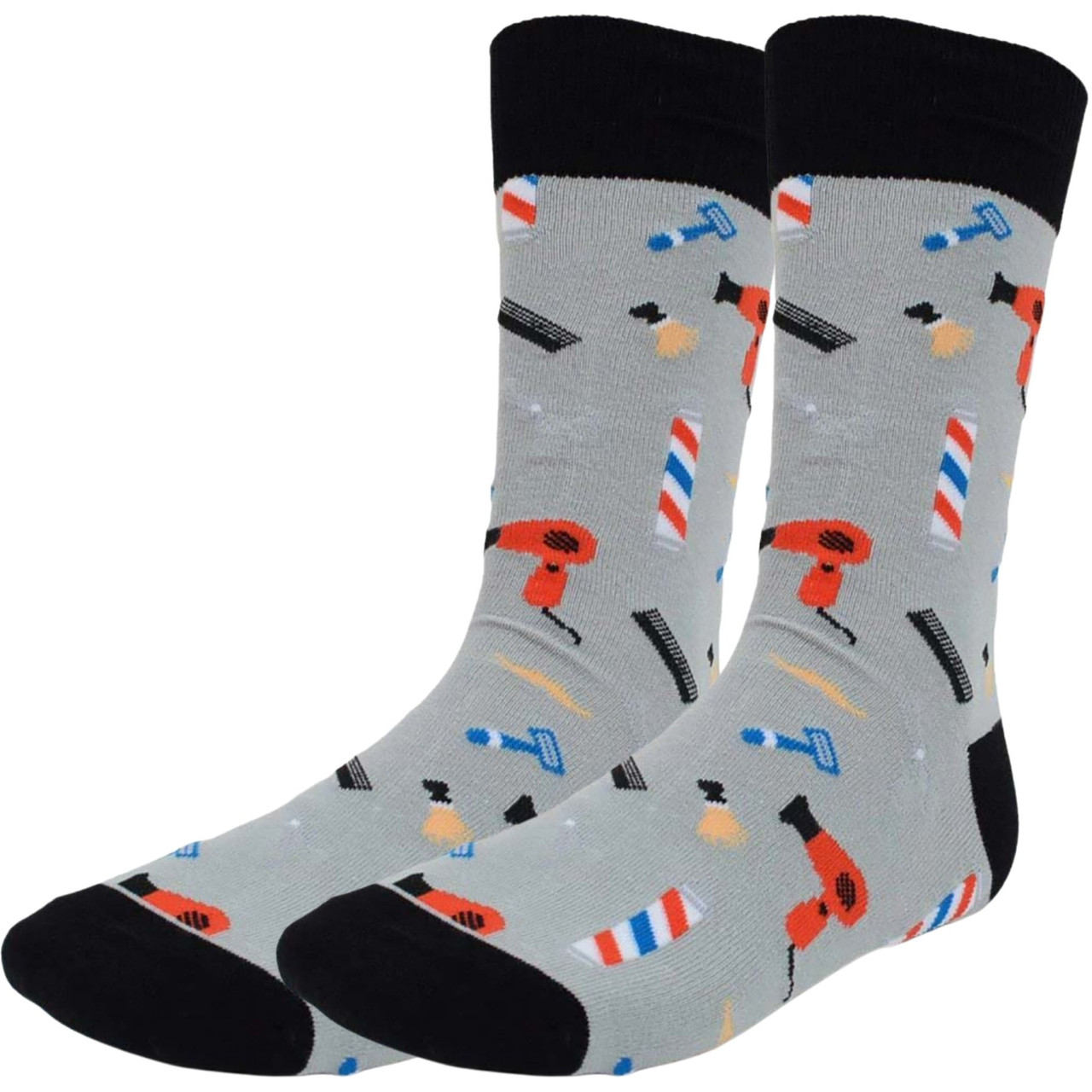 Men's Light Gray Crew Socks with Fun Barber Shop Tools Pattern – Hair Dryers, Combs, and Razors