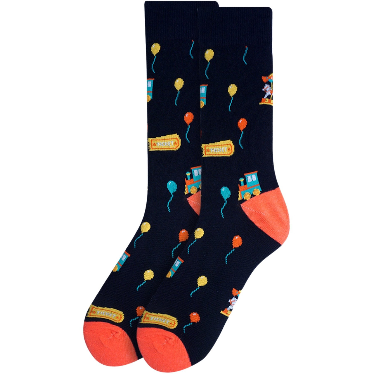 Men's Navy Blue Crew Socks with Amusement Park Balloons and Trains Print – Fun Novelty Design