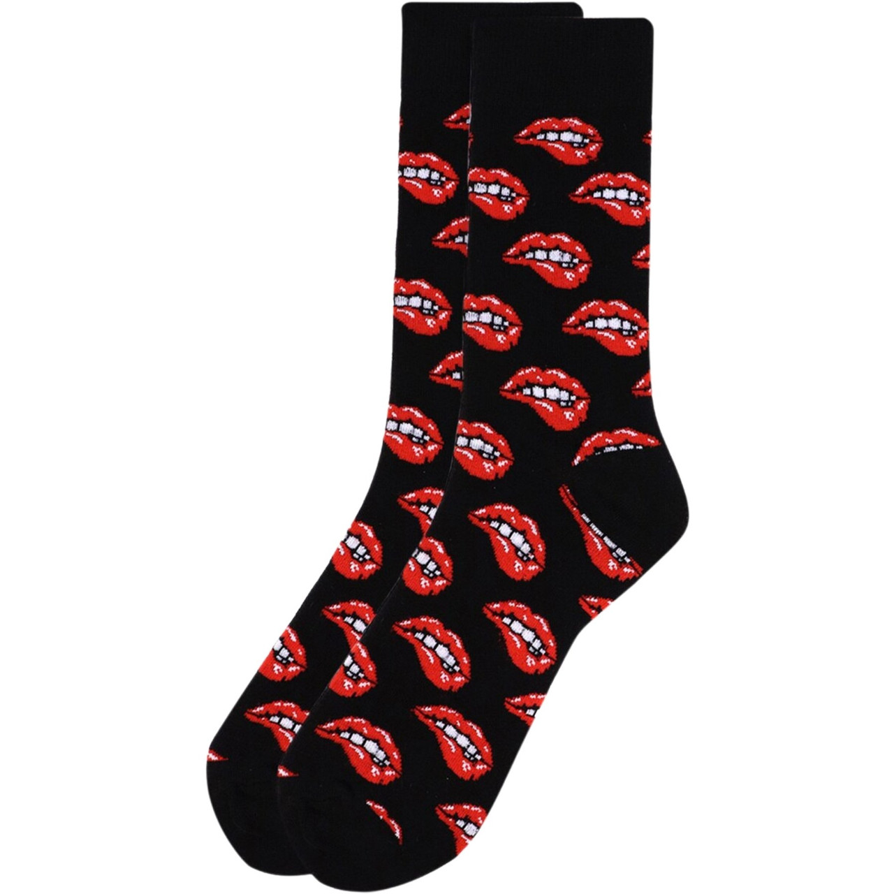 Men's Alluring Lip Bite Crew Socks – Flirtatious Fun for Valentine's Day in Black!