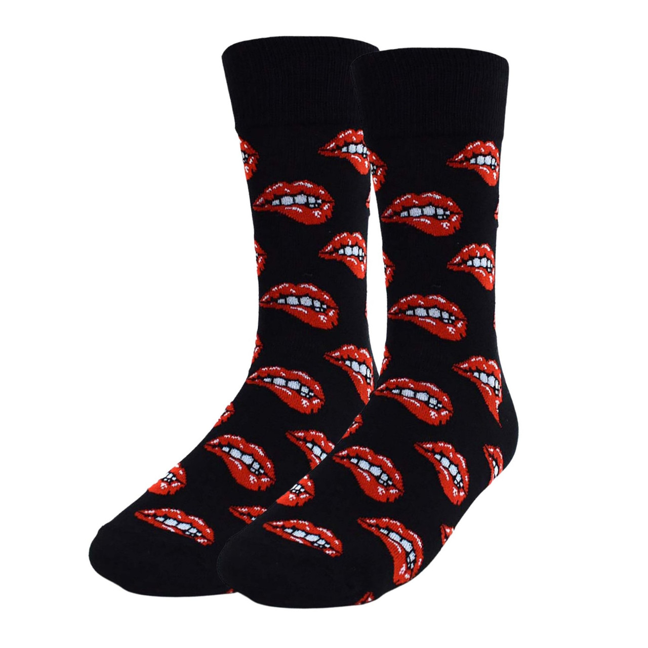 Men's Alluring Lip Bite Crew Socks – Flirtatious Fun for Valentine's Day in Black!