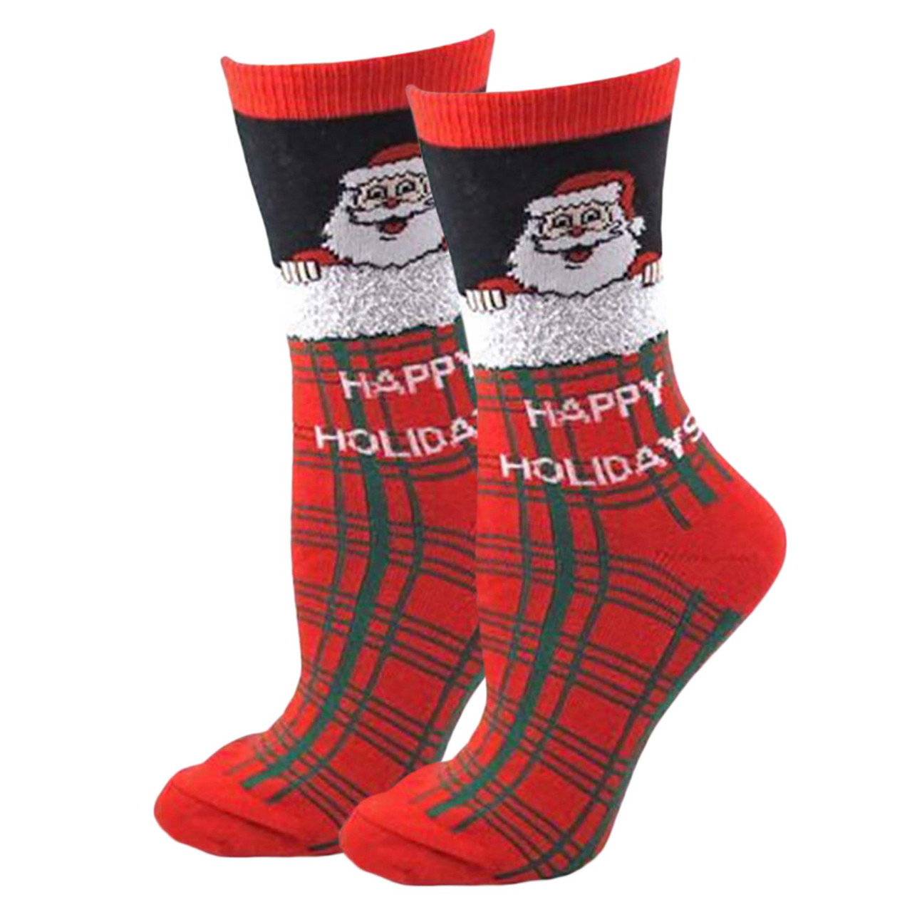 Women's Festive Santa Plaid Holiday Crew Socks – Jolly Cheer in Red, Black & Green