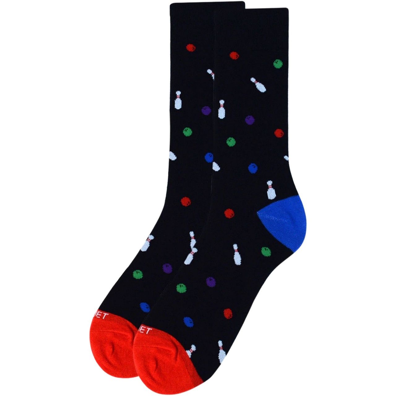 Premium Crew Socks for Men Featuring a Bowling Pins and Balls Design - Black, Red, and Blue
