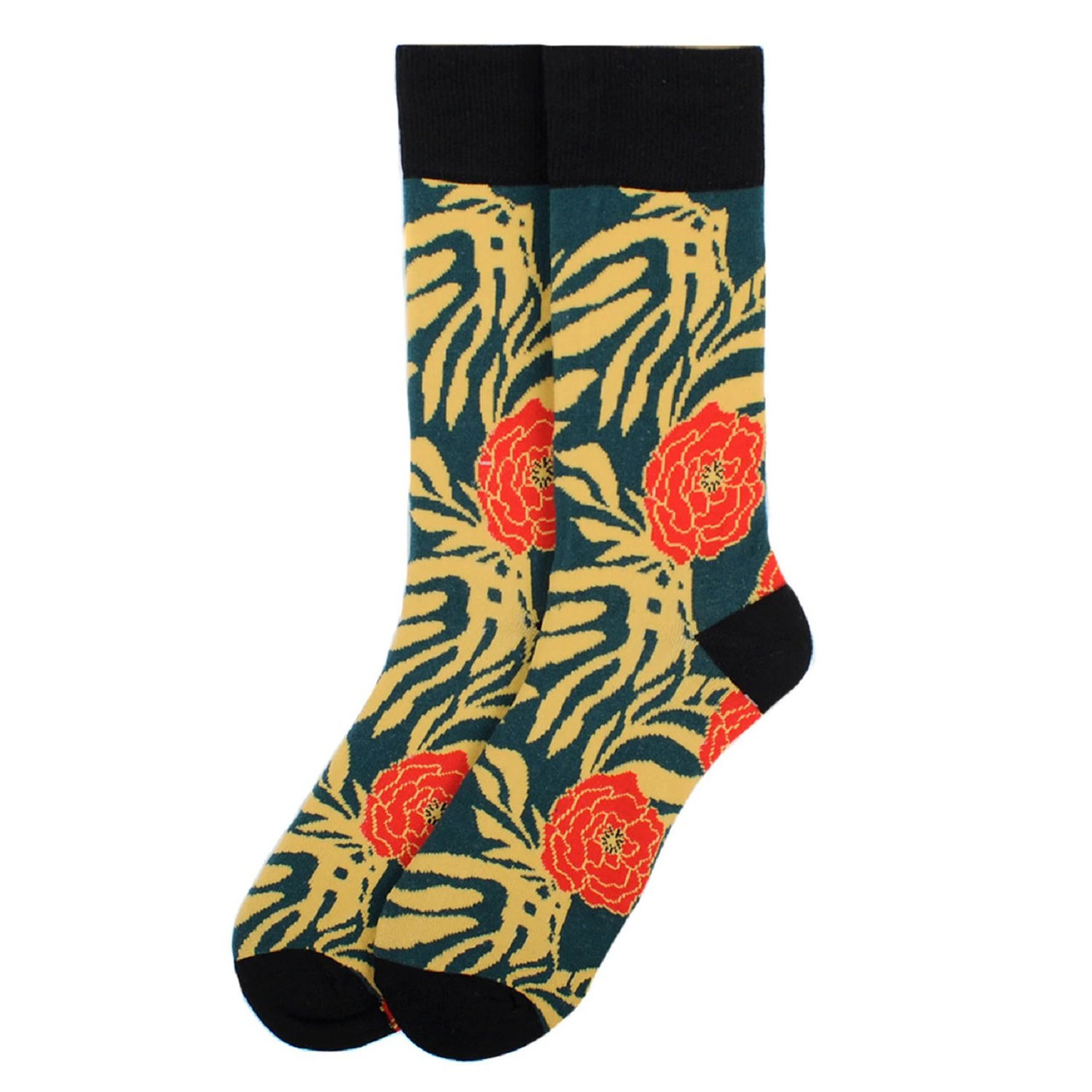 Teal Men's Crew Socks with Tropical Flower Design