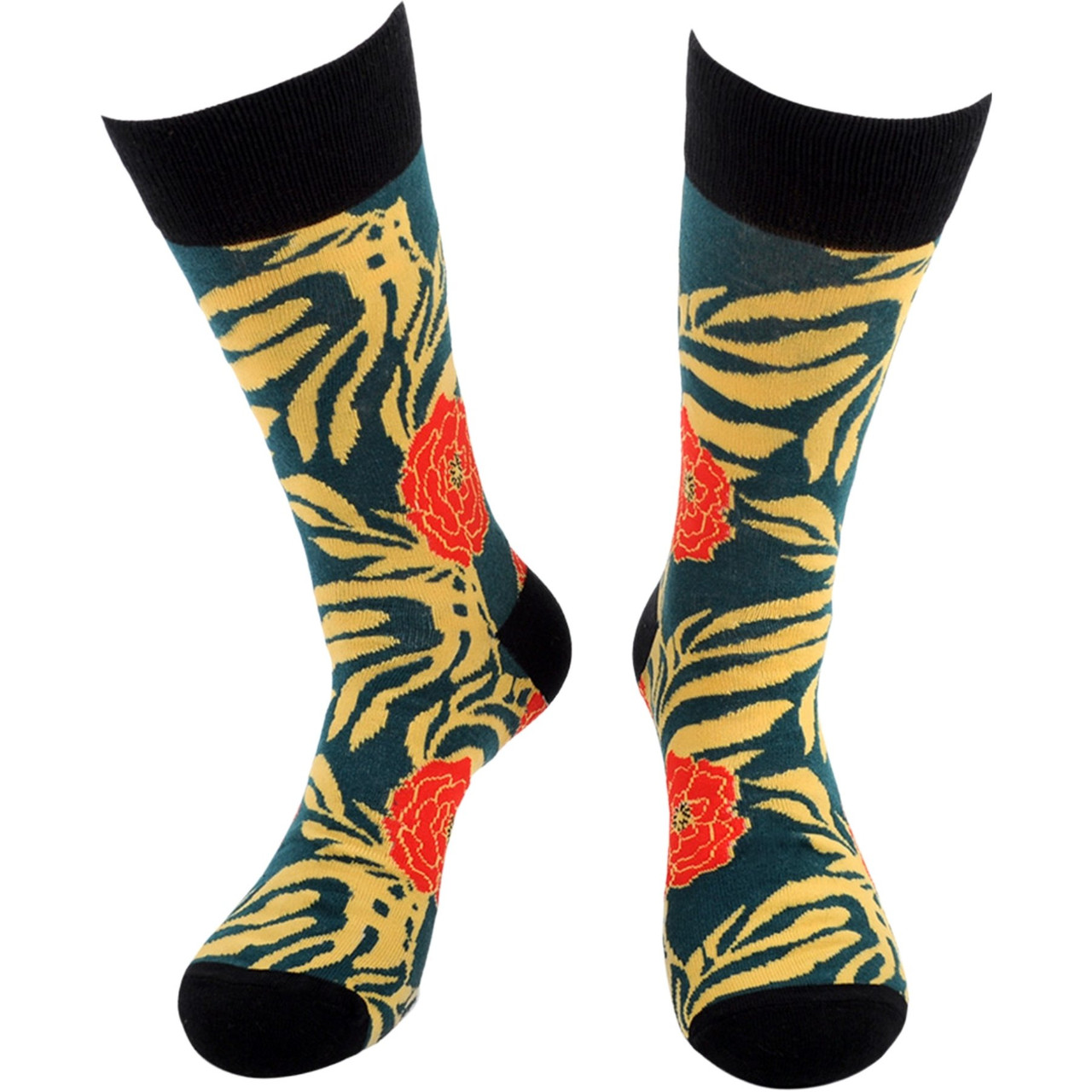 Teal Men's Crew Socks with Tropical Flower Design