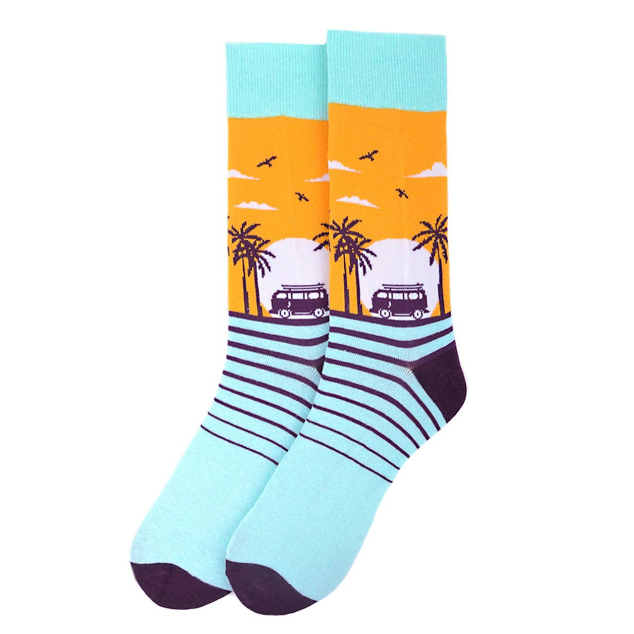 Men's Blue Crew Socks with a Tropical Sunset Print
