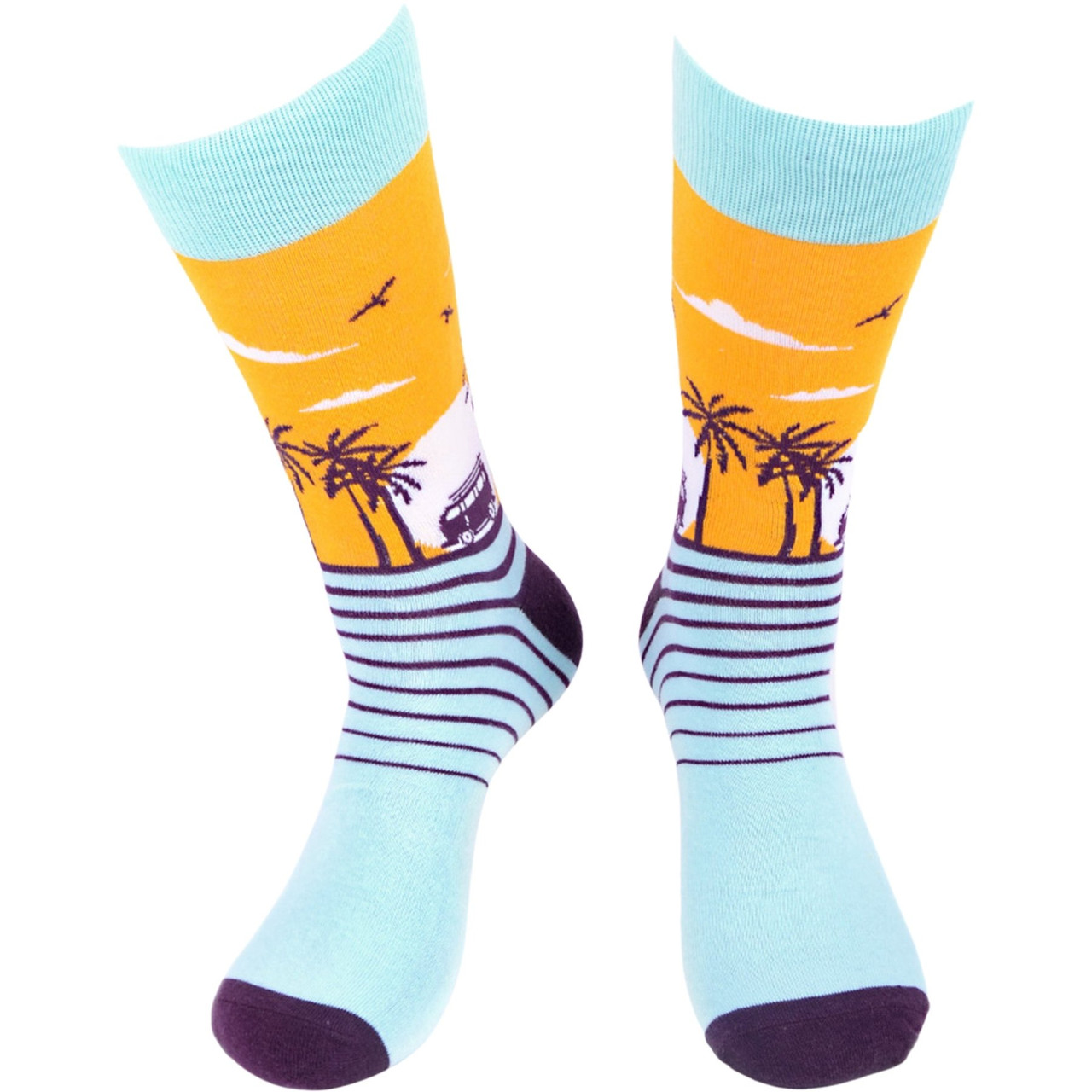 Men's Blue Crew Socks with a Tropical Sunset Print