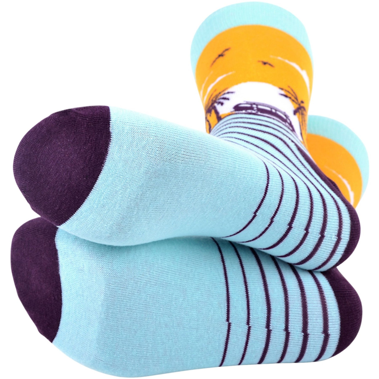 Men's Blue Crew Socks with a Tropical Sunset Print