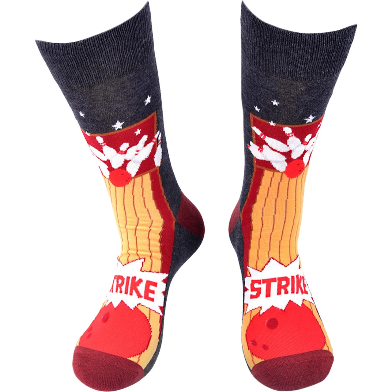 Men's Crew Socks with Bowling Strike Design - Charcoal
