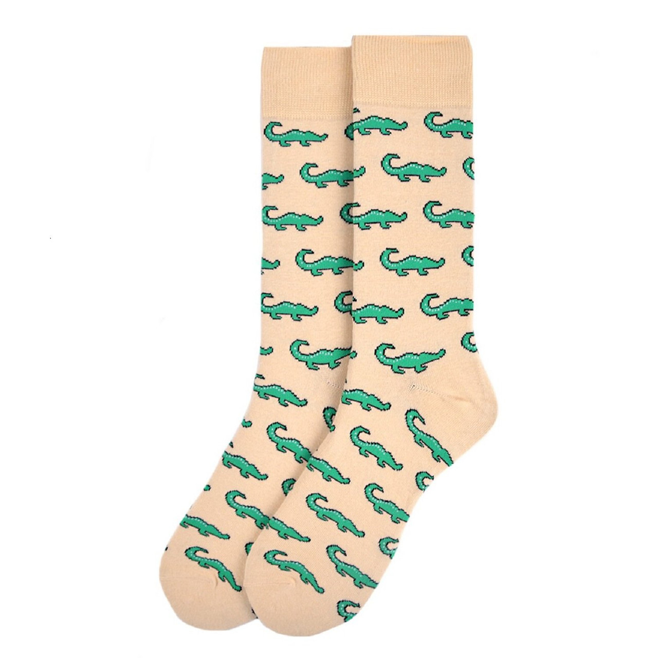Beige Crew Socks with a Playful Alligator Pattern for Men