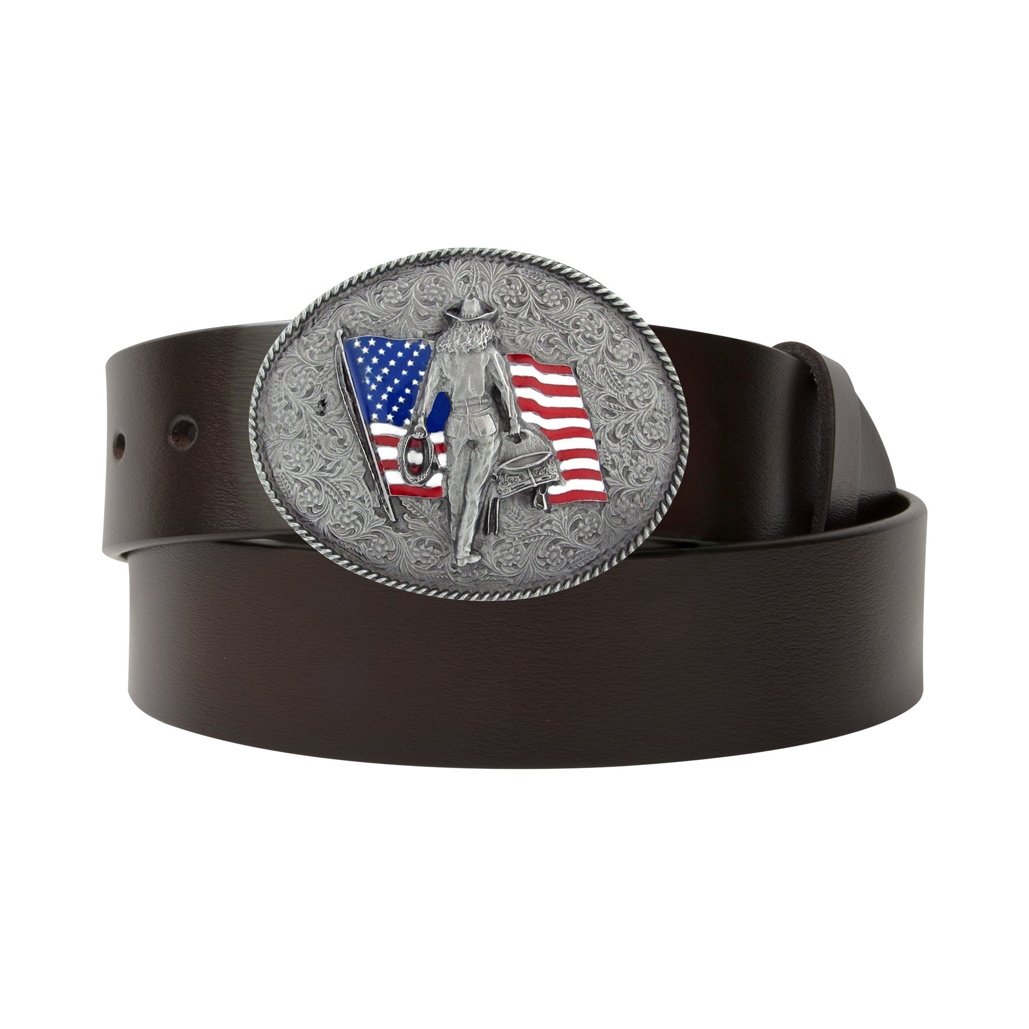 Oval Cowgirl with U.S. Colors Belt Buckle - Black/Brown