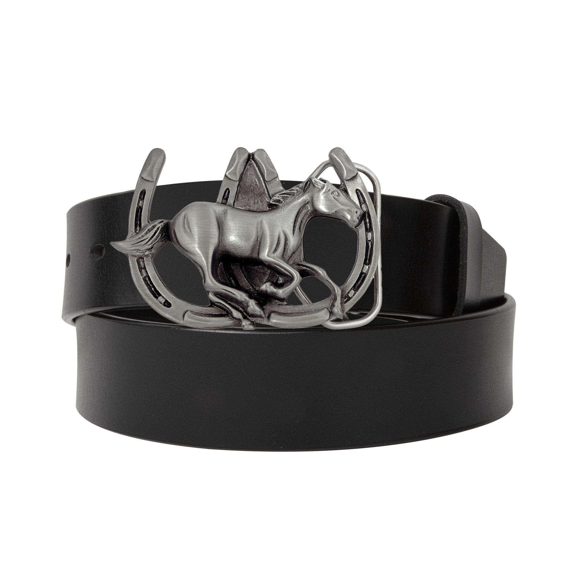 Racing Horse on Horseshoes Belt Buckle - Black/Brown