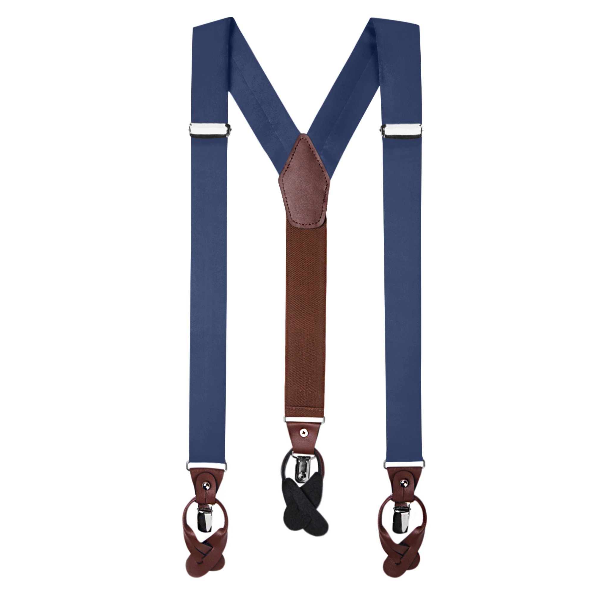 Men's Solid Fabric Suspenders Braces with Convertible Leather Ends