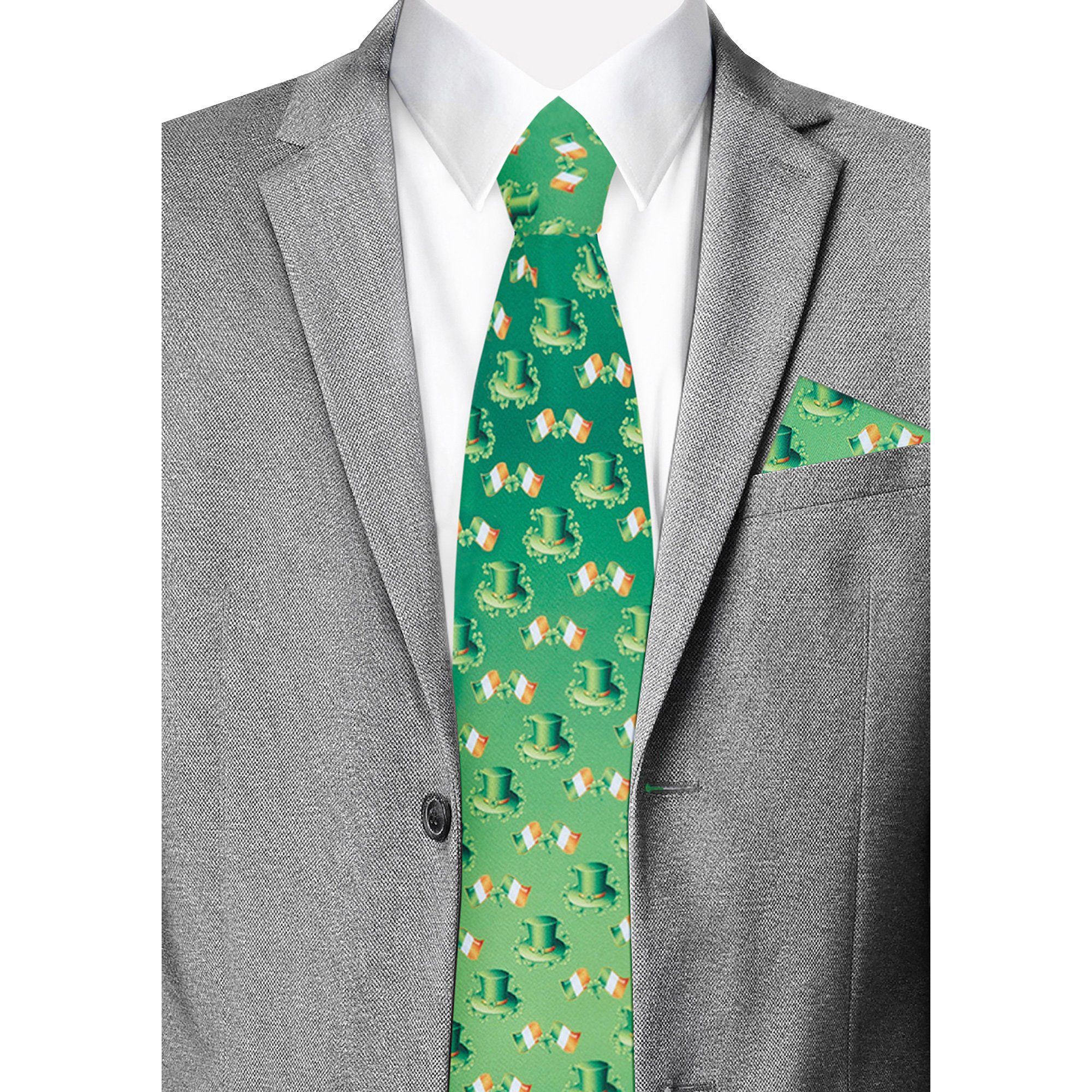 Men's Happy Saint Patrick's Day Leprechaun Hat Ireland Flag Diagonal Pattern Pocket Square - Green