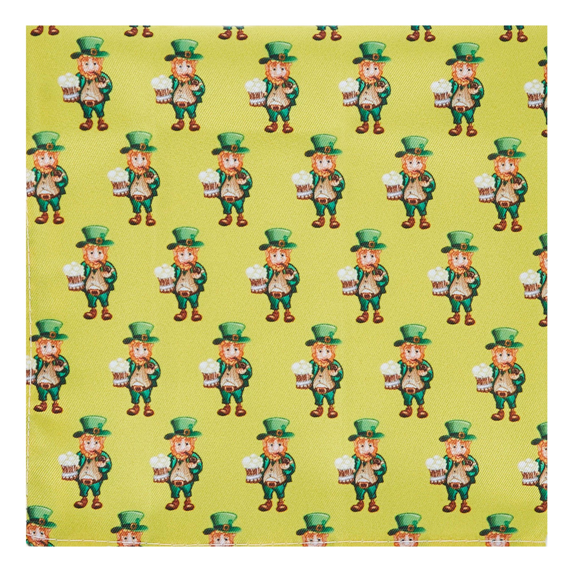 Men's Happy Saint Patrick's Day Leprechaun Holding Drinks Pattern Pocket Square Handkerchief Hanky - Yellow