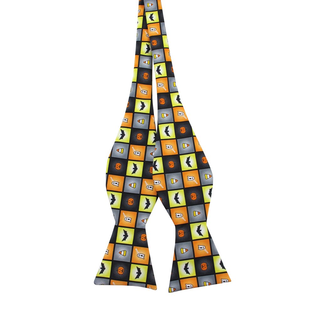 Men's Spooky Halloween Squares Jack-O'-Lantern Ghost Candy Corn Bats Self-Tie Bow Tie