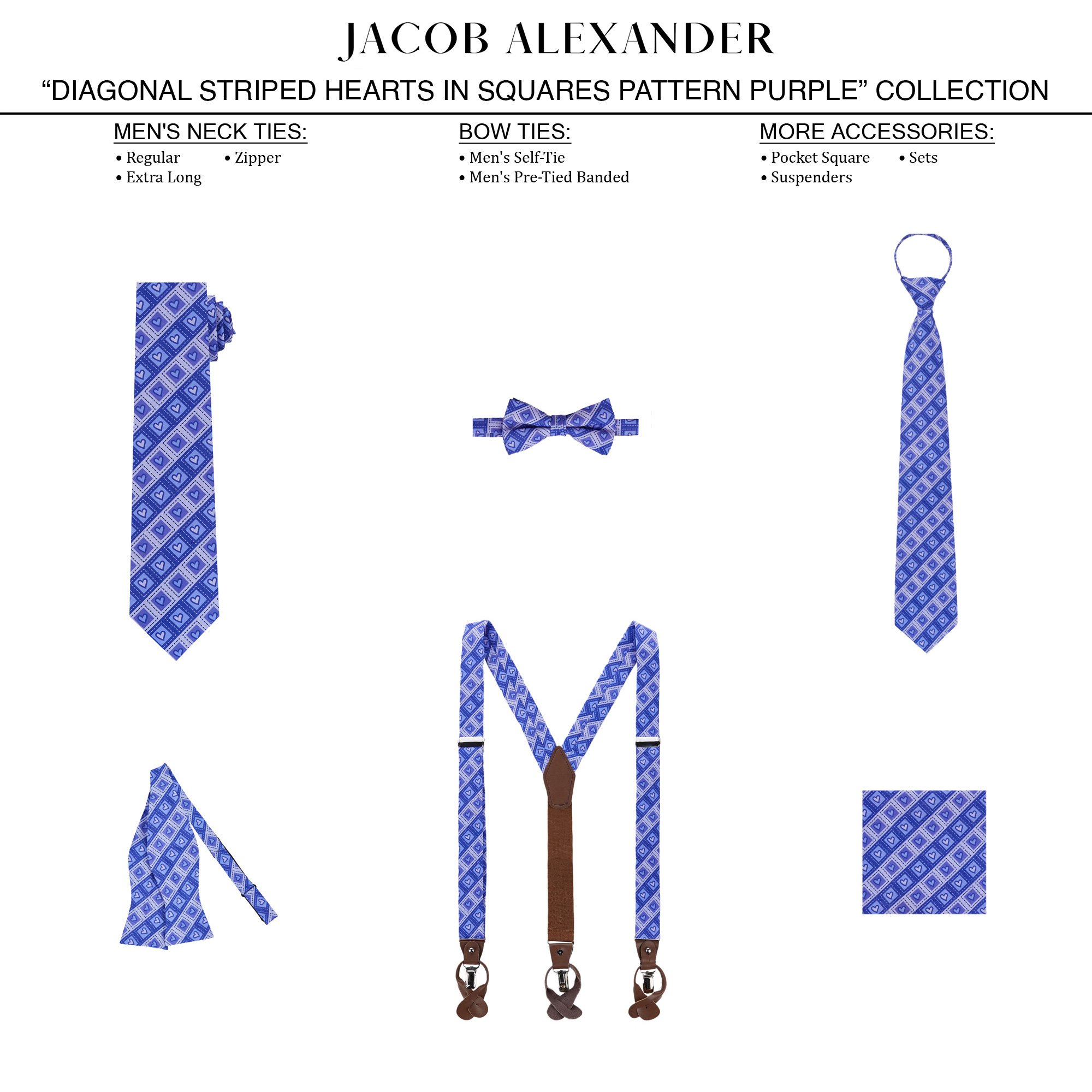 Men's Happy Valentine's Day Diagonal Striped Hearts in Squares Pattern Freestyle Self-Tie Bow Tie - Purple