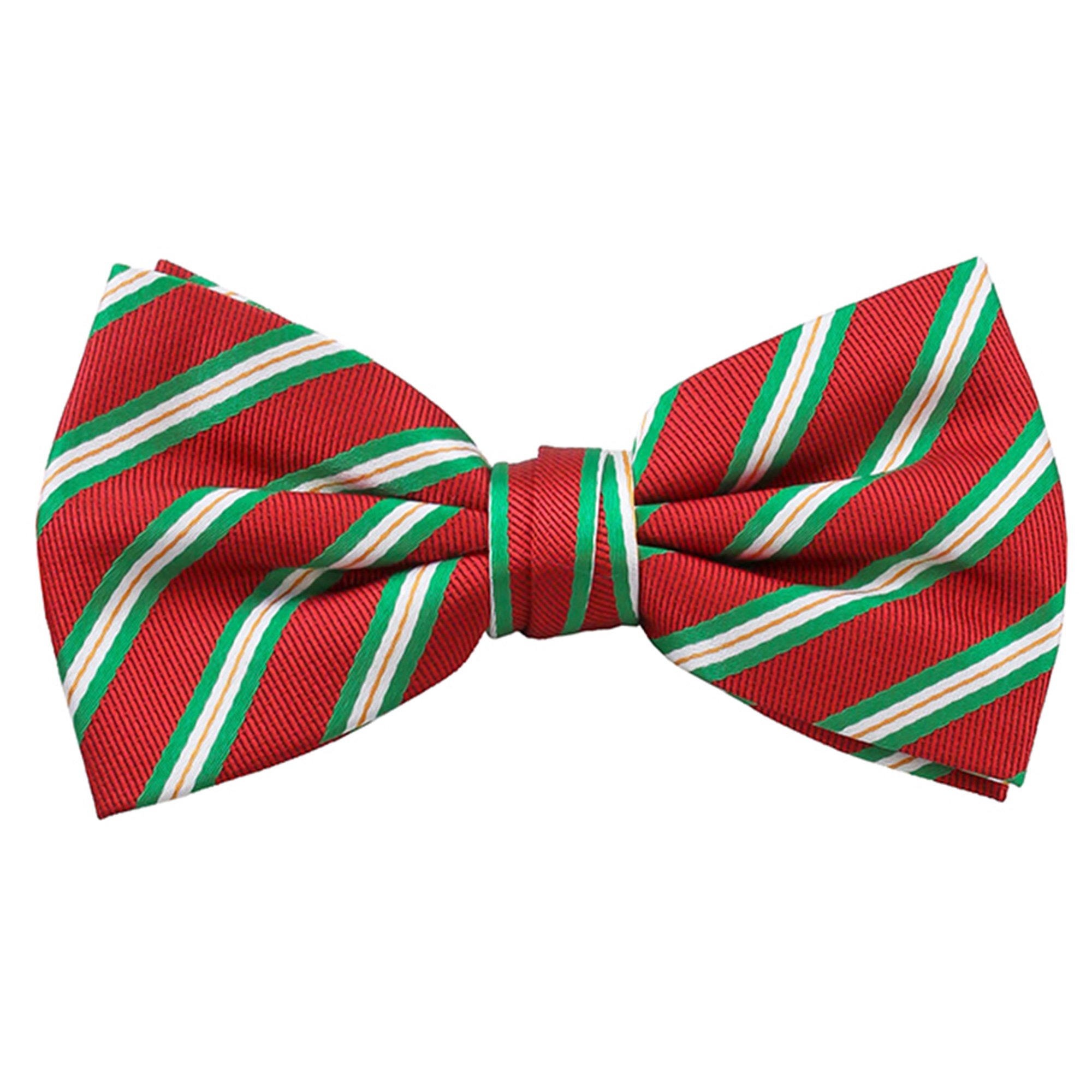 Men's Holiday Christmas Red with Diagonal Green White Stripes Pre-Tied Clip-On Bow Tie