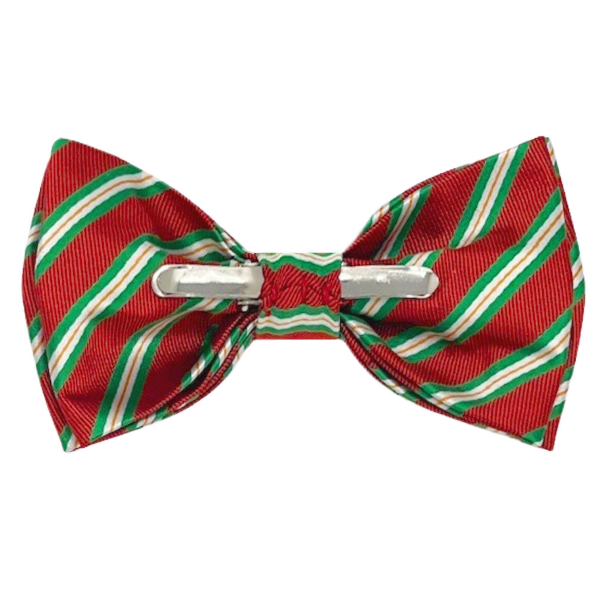 Men's Holiday Christmas Red with Diagonal Green White Stripes Pre-Tied Clip-On Bow Tie