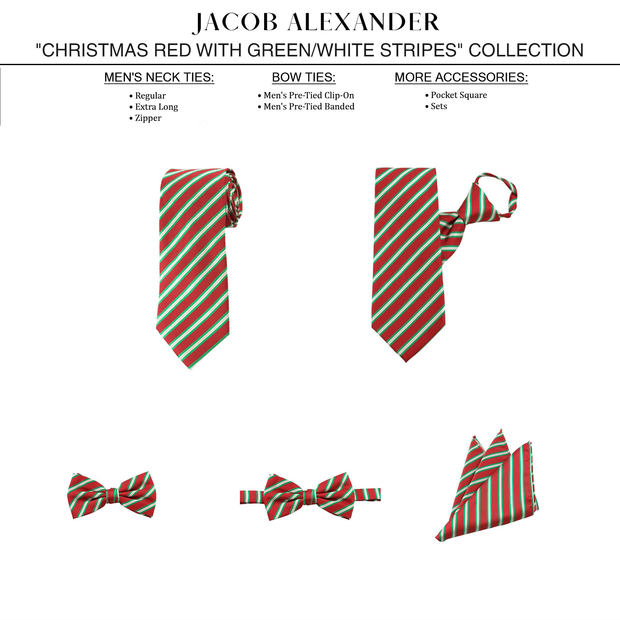 Men's Holiday Christmas Red with Diagonal Green White Stripes Pre-Tied Clip-On Bow Tie