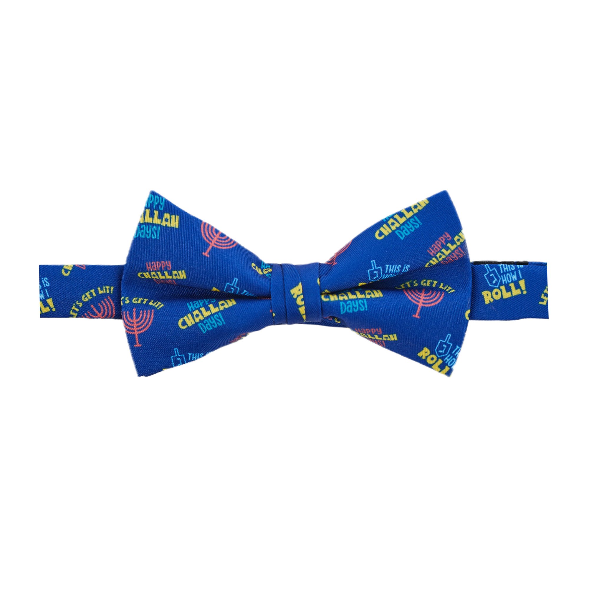 Men's Happy Hanukkah Let's Get Lit Happy Challah Days This Is How I Roll Pattern Pre-Tied Banded Bow Tie - Royal Blue
