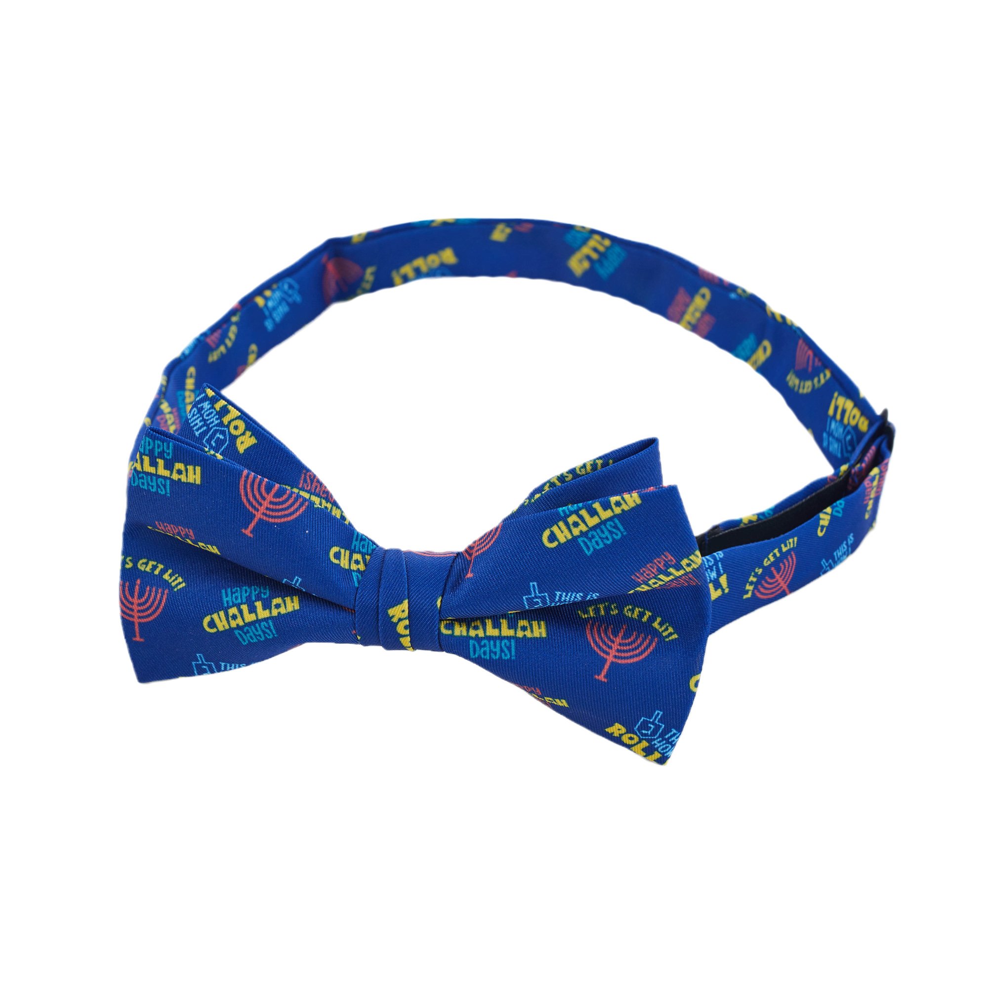 Men's Happy Hanukkah Let's Get Lit Happy Challah Days This Is How I Roll Pattern Pre-Tied Banded Bow Tie - Royal Blue
