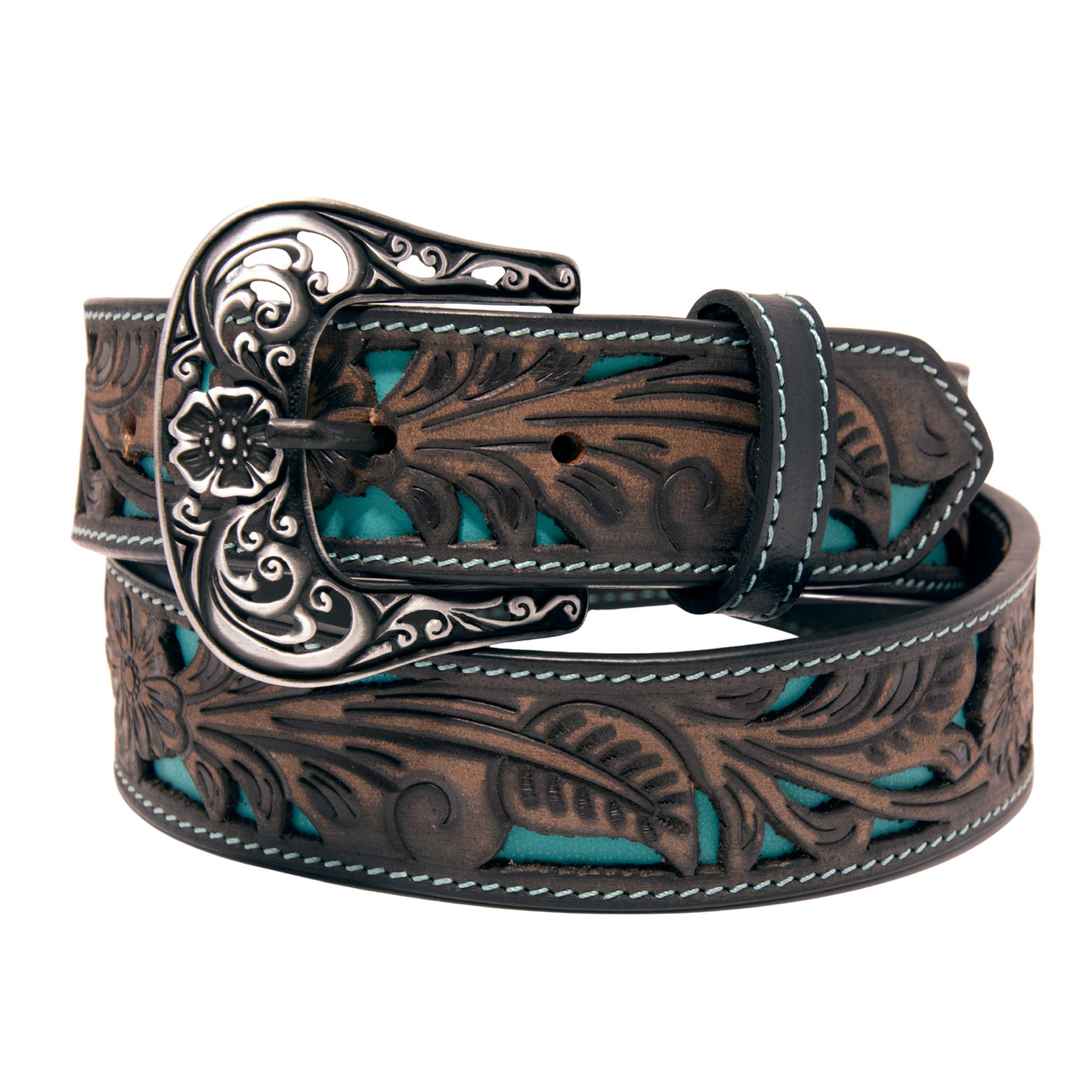 Floral Tooled Cutout Top Grain Leather Belt