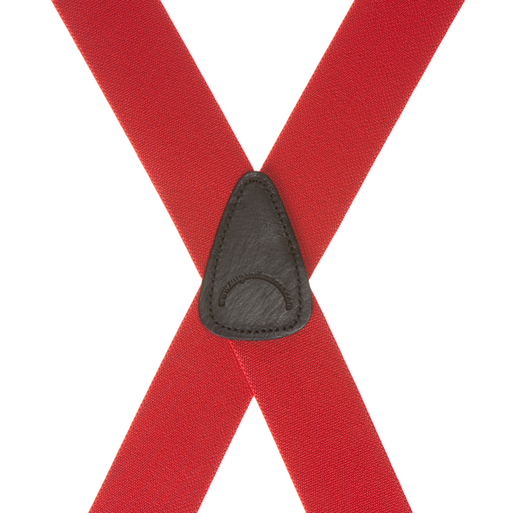 Rear view of red X-back suspenders with leather crosspatch