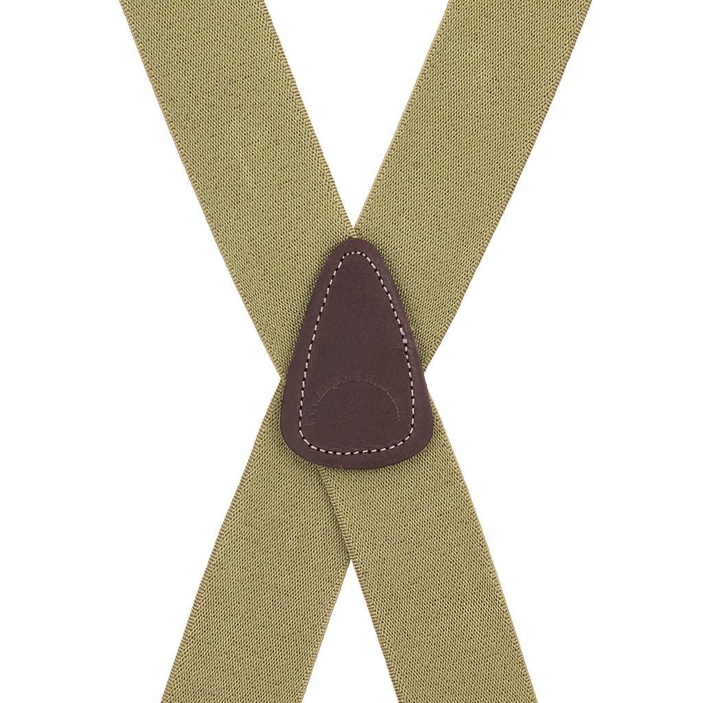 Rear view of tan X-back suspenders with leather crosspatch