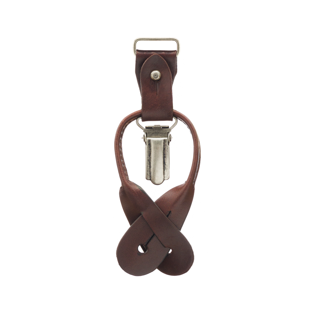 Detailed view of brown leather convertible suspender