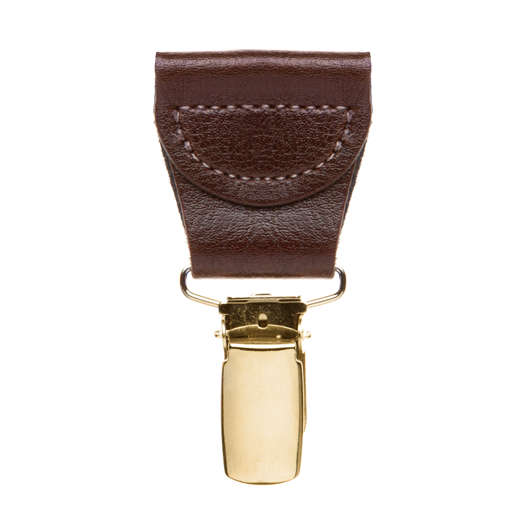 Detailed view of brown leather suspender drop clips