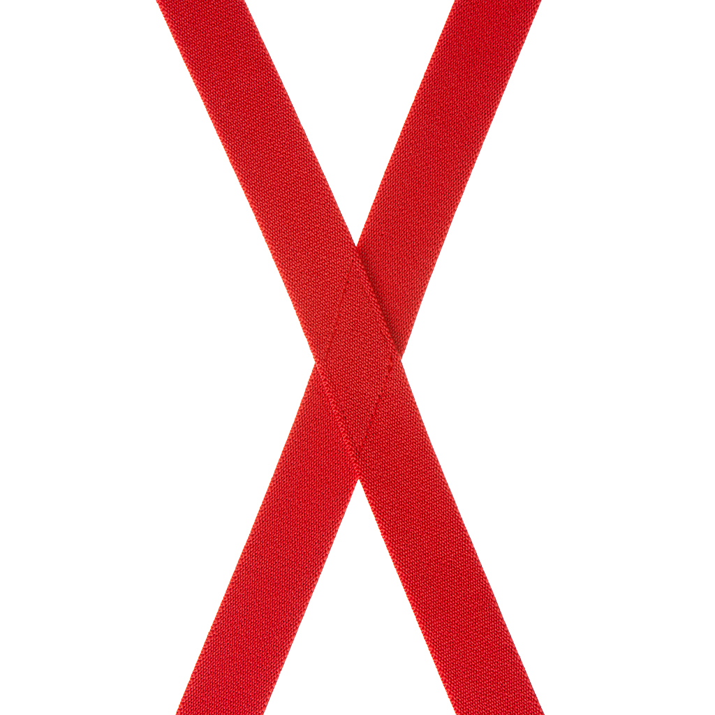 Rear view of red X-back suspenders