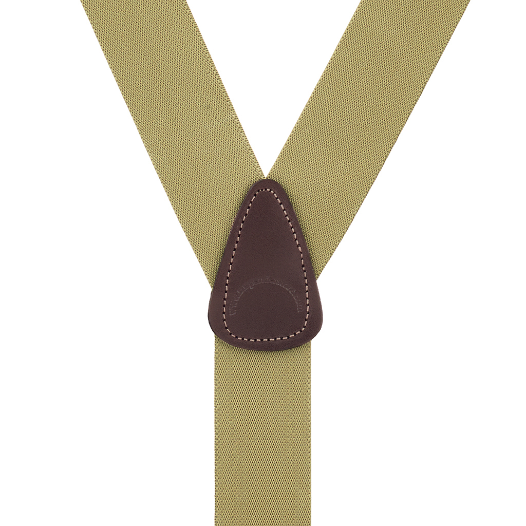 Rear view of tan Y-back suspenders with leather crosspatch