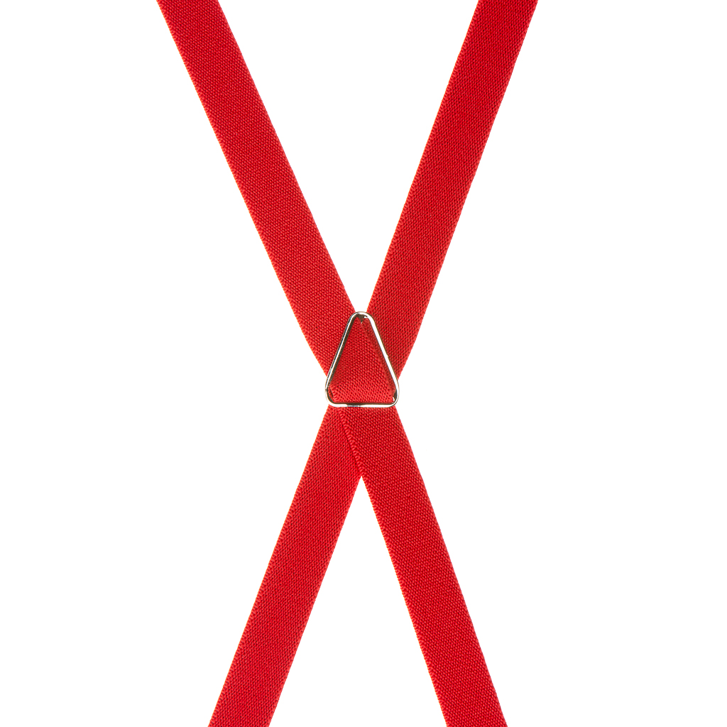 Rear view of red X-back suspenders with metal crosspatch