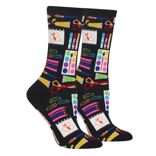 Women's Black Crew Socks Featuring Art Supplies Suspender Store