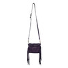Full view of purple embossed leather fringe purse. 