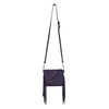 Full view backside of purple embossed leather fringe purse. 