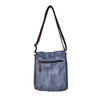 Backside of blue star canvas leather crossbody bag. 